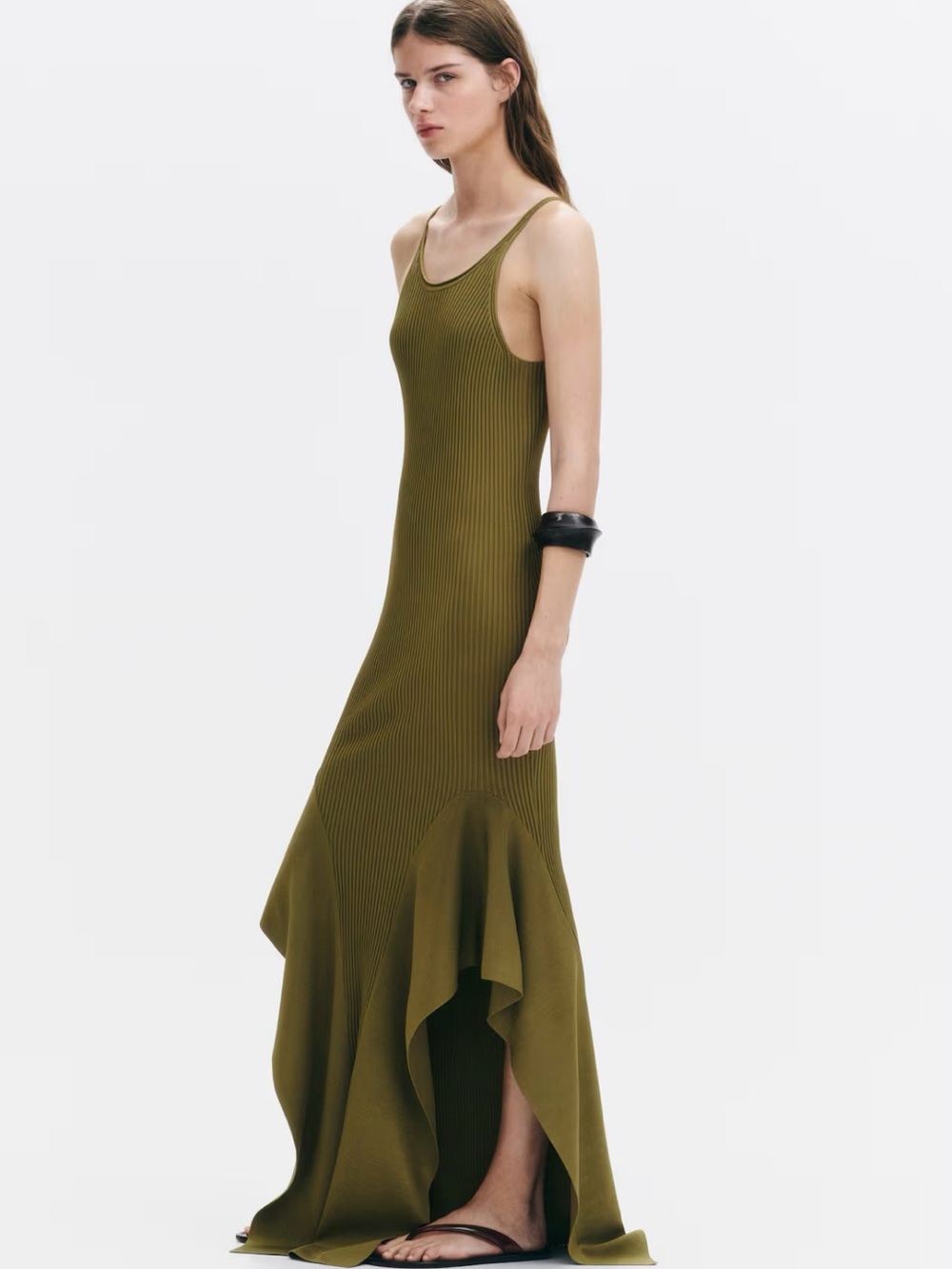 H&M EDITION,NWT OLIVE GREEN FLOUNCED KNIT DRESS SIZE SMALL - Picture 3 of 7